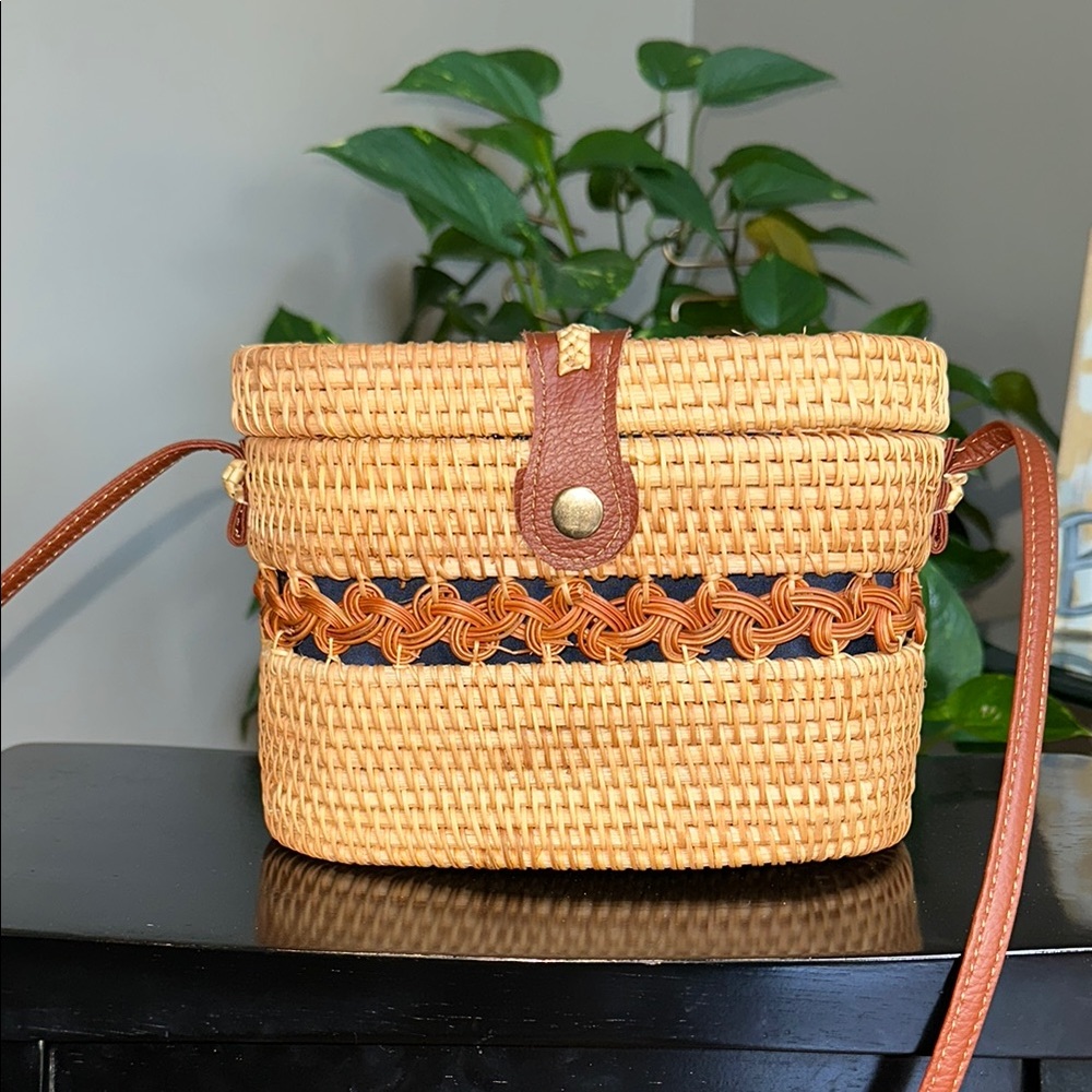 Tan and Brown Woven Crossbody Bag with imitation Leather Accents